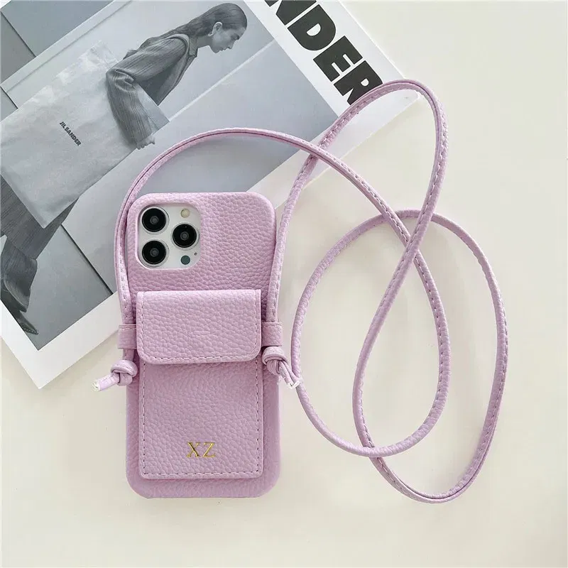 Color: Lavender, Material: PU - Personalized Gold Silver Letters Leather PU Card Holder Lanyard Hard Case For iPhone 14 13 12 11 15 Pro Max XS XR 16 Plus Cover