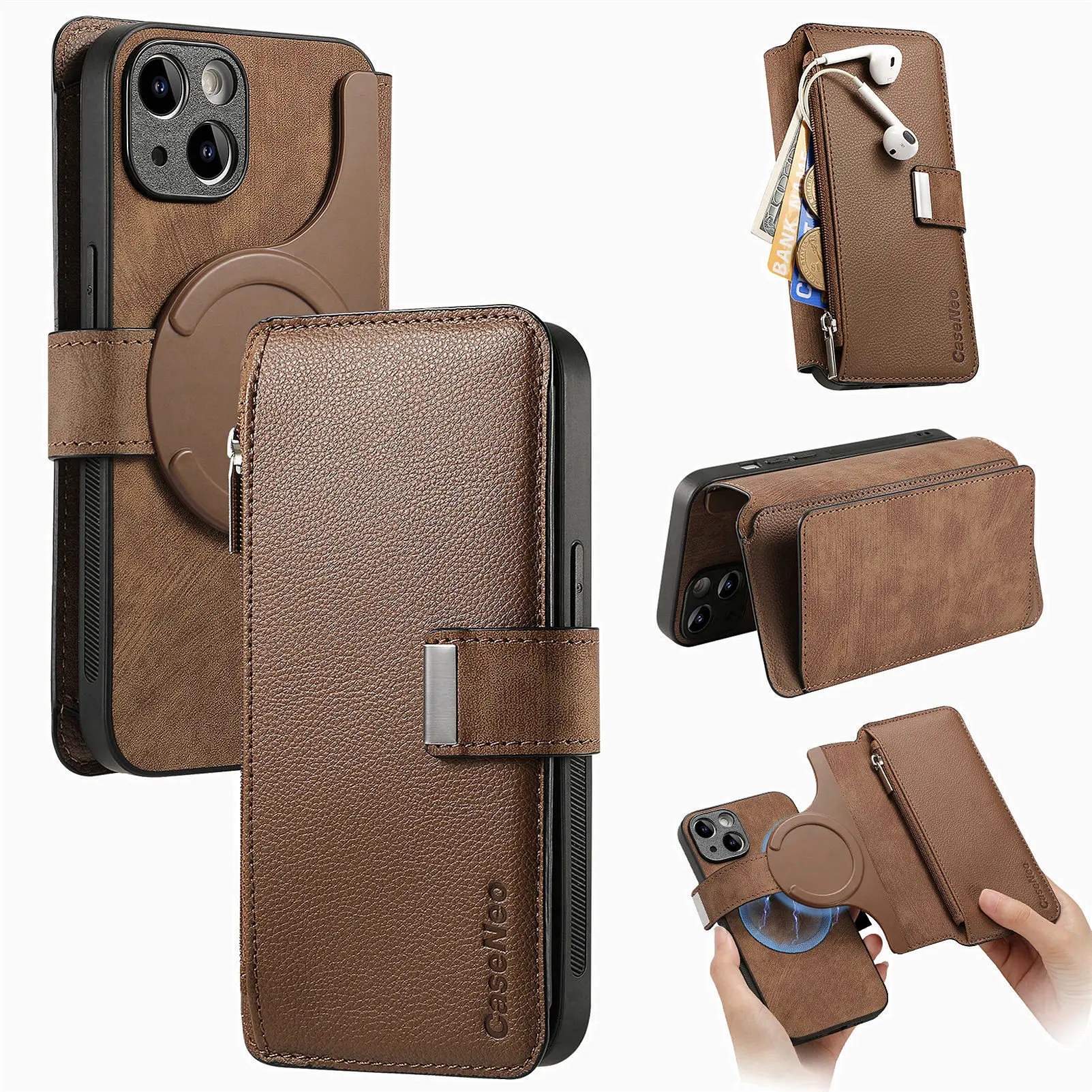 Color: SKY BLUE, Material: CANVAS - With Magsafe Wallet Case For Xiaomi Poco X6 X5 X3 M6 M5S M4 M3 F6 F5 Pro F3 C31 Zipper Leather Multi 6 Card Slot Removable Cover