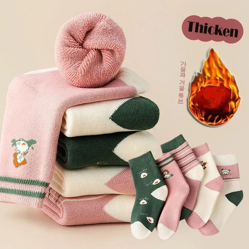 Color: SKY BLUE, Size: 7-9T - Girls' Winter Socks 5 Pairs Baby Warm Winter Socks Cute Cartoon Duck Pattern Medium Sock Thick Cotton Socks