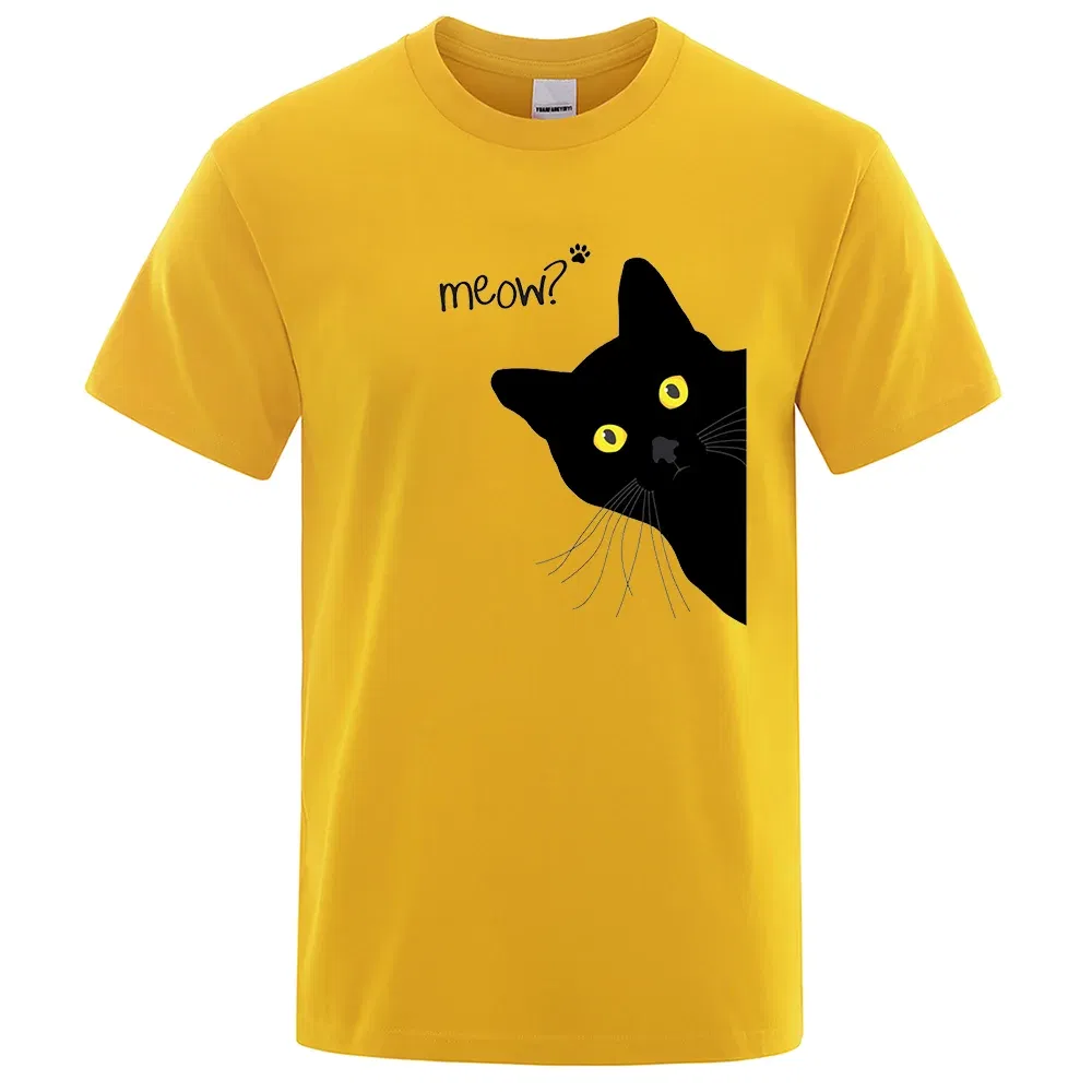 Color: Brown, Size: XXL - Meow Black Cat Funny Printing Men T-Shirts Breathable Tee Clothes Summer Streetwear Tops Oversized Loose Cotton Short Sleeve