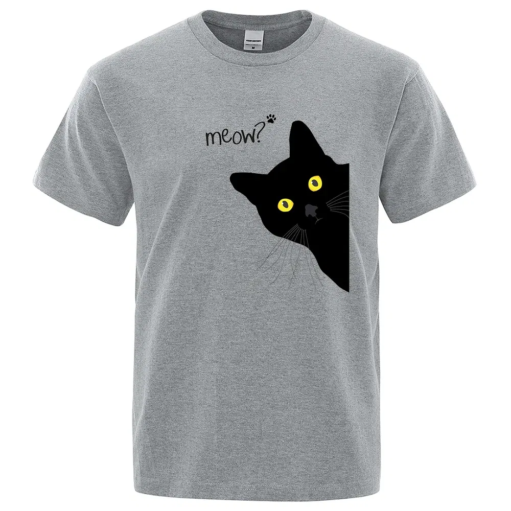 Color: Brown, Size: XXL - Meow Black Cat Funny Printing Men T-Shirts Breathable Tee Clothes Summer Streetwear Tops Oversized Loose Cotton Short Sleeve