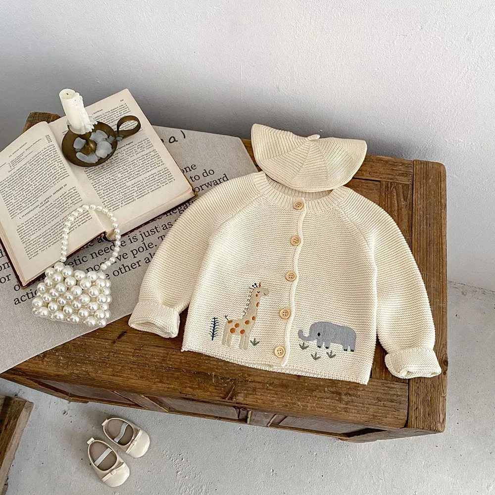 Color: Beige, Kid Size: 6M - 0-3 Y Autumn Baby Girls Clothes Animal Embroidery Sweaters Beige Knitwear O Neck Cardigans