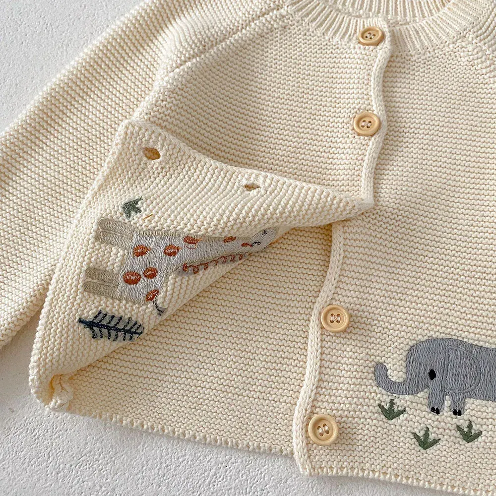 Color: Beige, Kid Size: 6M - 0-3 Y Autumn Baby Girls Clothes Animal Embroidery Sweaters Beige Knitwear O Neck Cardigans