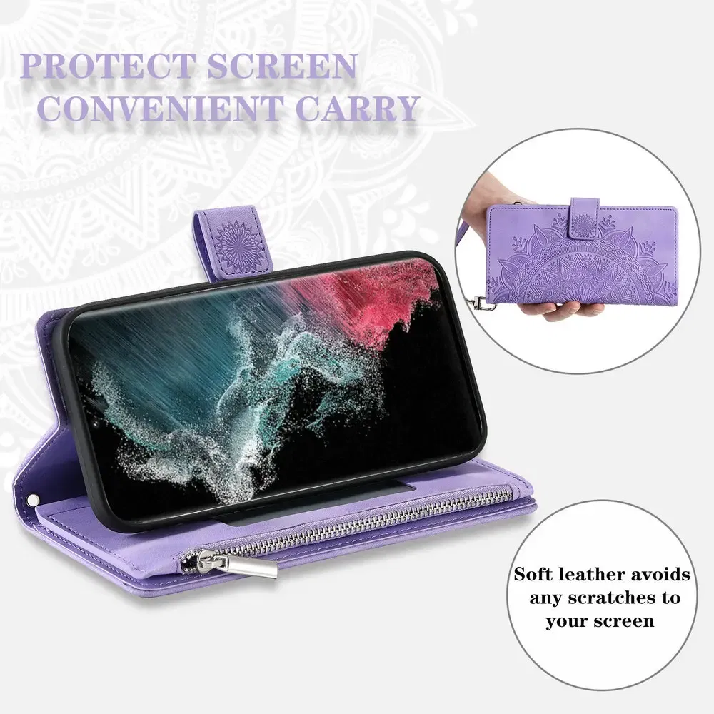 Color: LIGHT BLUE, Material: Microfiber - S 23 S24 Ultra 5G Leather Case for Samsung Galaxy S23 Ultra Flip Cover Zipper CrossBody Book Funda S 24 Plus S23 FE Wallet Etui