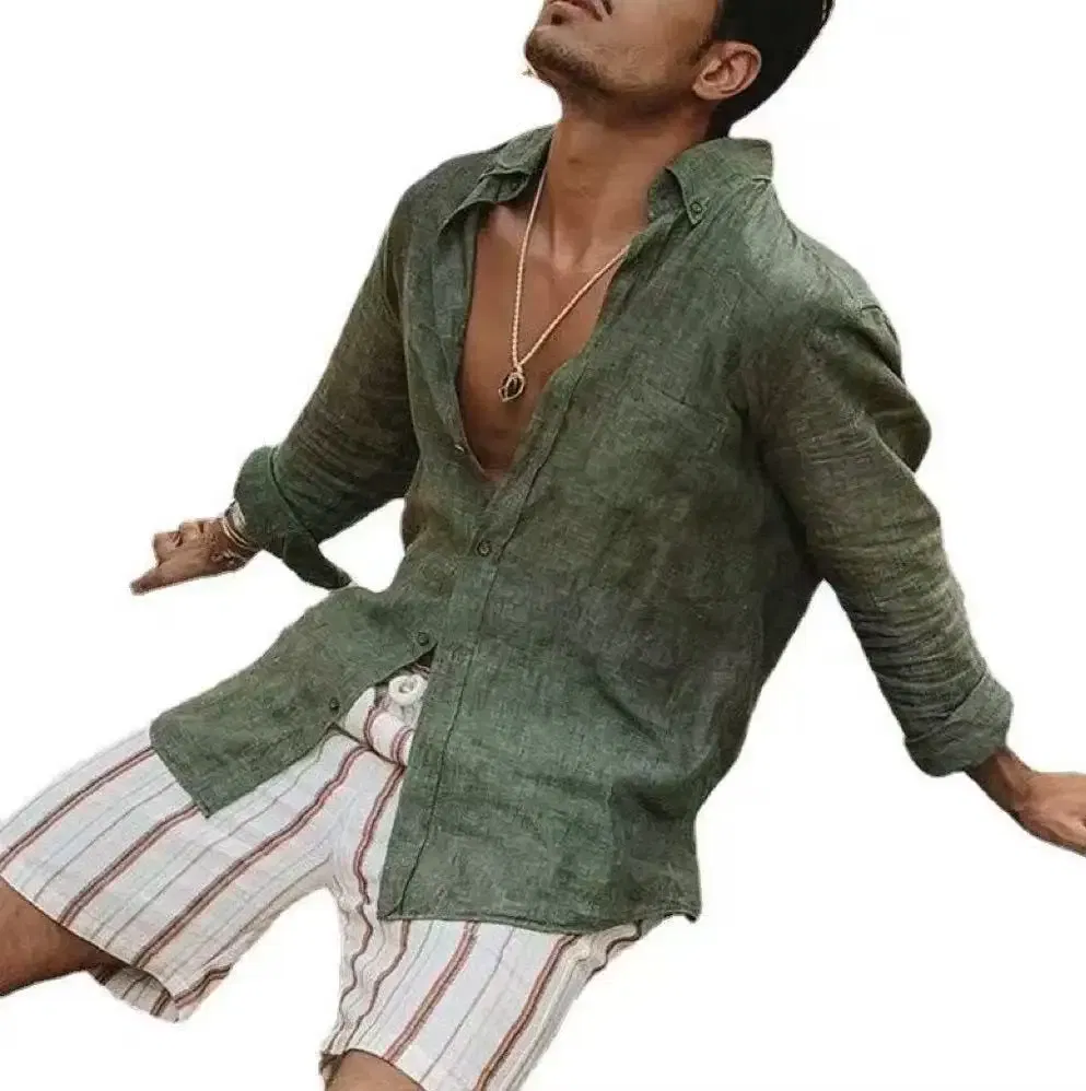Color: WHITE, Size: L, Sale by Pack: Pack of 1 - Men's new men's long sleeve buttoned cotton linen shirt lapel cardigan
