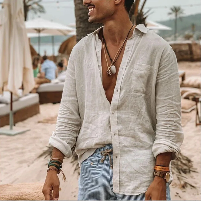 Color: WHITE, Size: L, Sale by Pack: Pack of 1 - Men's new men's long sleeve buttoned cotton linen shirt lapel cardigan