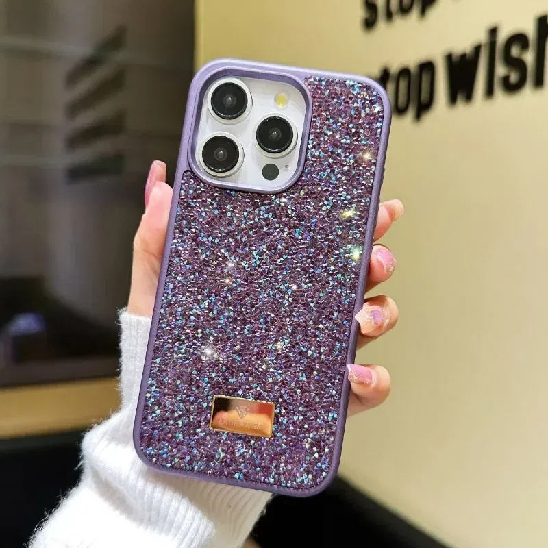 Material: Microfiber, Color: Blue - Luxury INS Dazzling Full Covered Zircon Macaroon Color Phone Case for iPhone 16 15 14 11 12 13 Pro Max Plus Back Cover