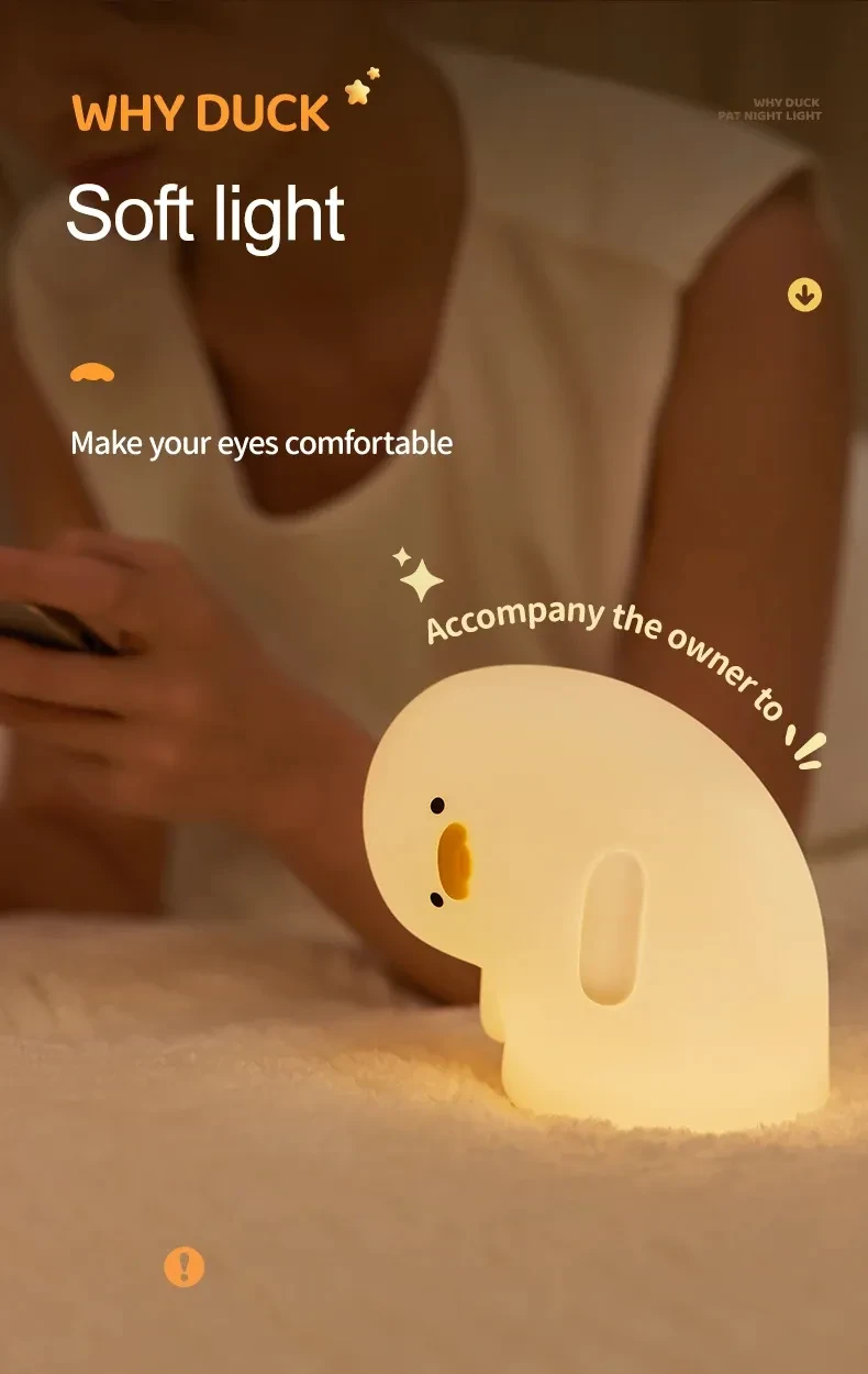 Cute Duck LED Night Light USB Rechargeable Nightlights Silicone Lamp Touch Soft Mood Light Child Kid Gift Bedroom Decor