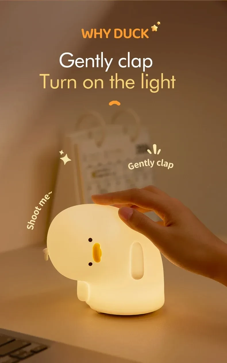 Cute Duck LED Night Light USB Rechargeable Nightlights Silicone Lamp Touch Soft Mood Light Child Kid Gift Bedroom Decor