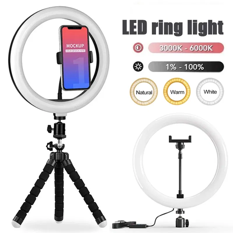 Color: light yellow - 10 inch LED Selfie Ring Light Dimmable Photography Fill Lamp with Mini tripod for Mobile Phone Live Video Photo Studio Ringlight