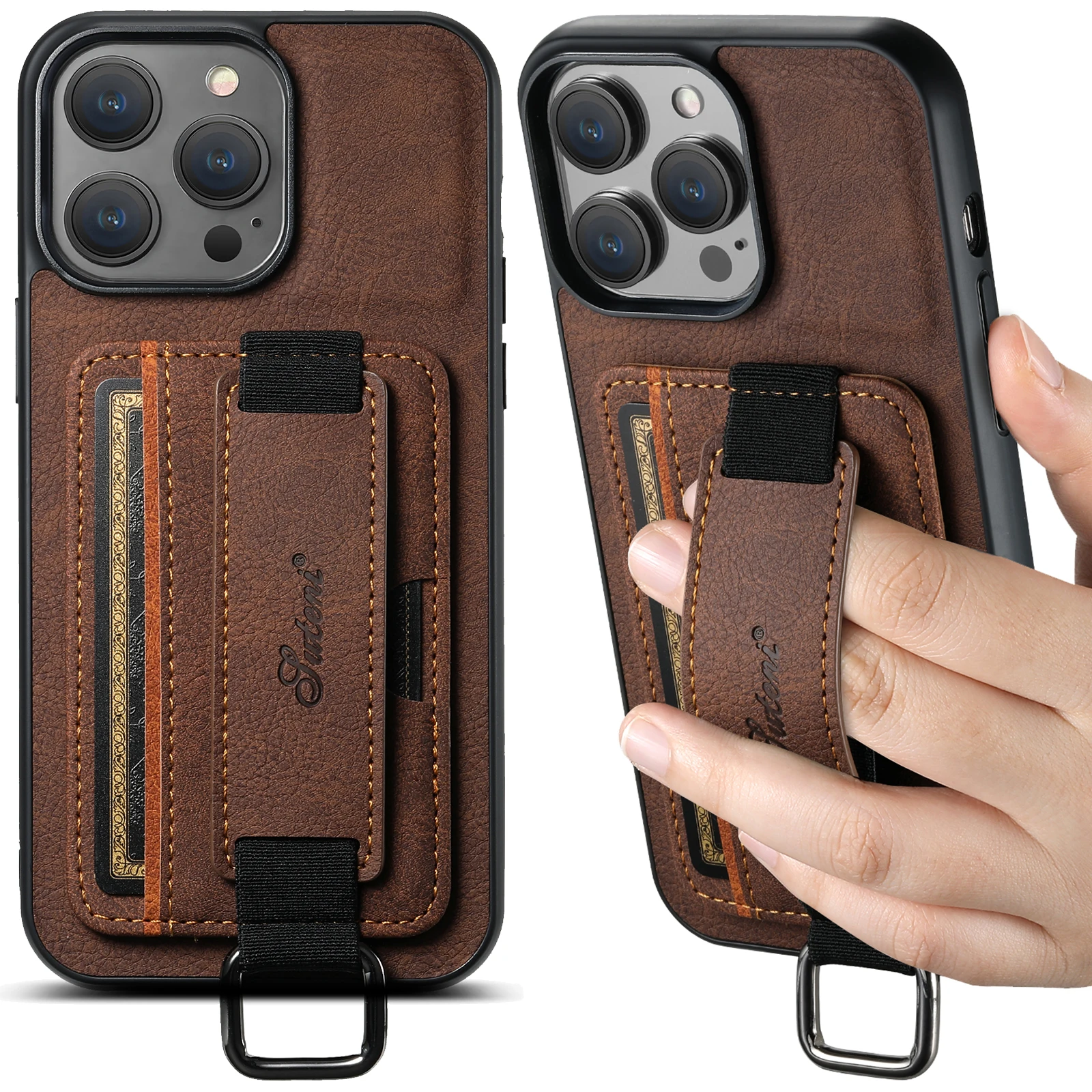 Color: Brown, Material: PU - SUTENI Lychee skin print wrist strap card phone case Card holder for iPhone 16 ProMax 15 Plus 14 13 12 11 XR XS Black/blue/brown