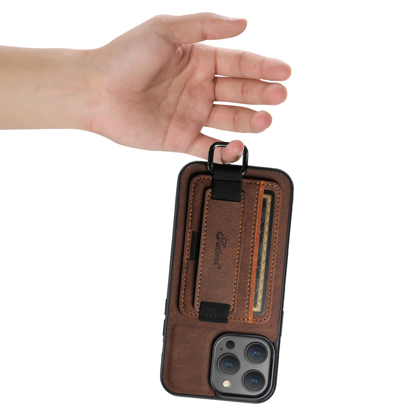 Color: Brown, Material: PU - SUTENI Lychee skin print wrist strap card phone case Card holder for iPhone 16 ProMax 15 Plus 14 13 12 11 XR XS Black/blue/brown