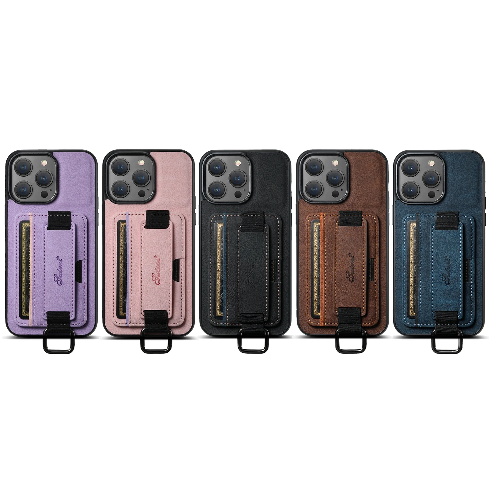 Color: Brown, Material: PU - SUTENI Lychee skin print wrist strap card phone case Card holder for iPhone 16 ProMax 15 Plus 14 13 12 11 XR XS Black/blue/brown
