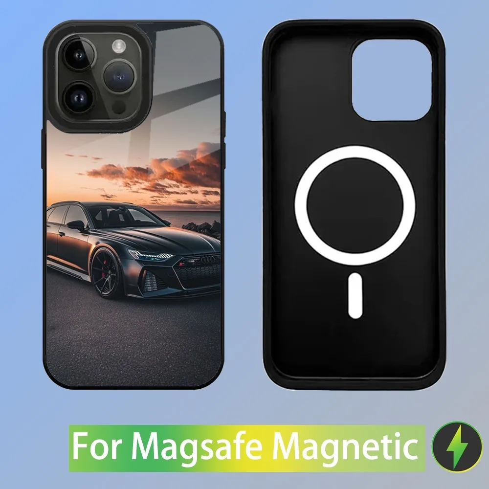 Color: SKY BLUE, Material: leather - R-S 6 7 sport car Phone Case For iPhone 16,15,14,13,12,11,Plus,Pro,Max Mini A-AudiS-S Magsafe Magnetic Wireless Charging