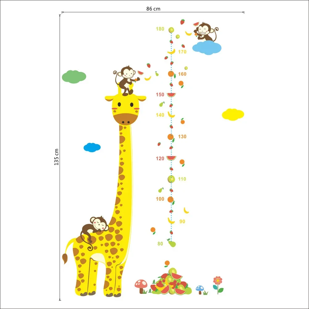 Cartoon Height Wall Stickers for Kids Rooms Giraffe Monkey Height Chart Ruler Decals Nursery Home Decor