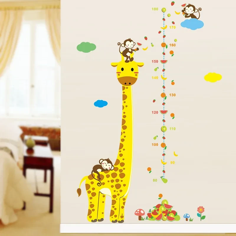 Cartoon Height Wall Stickers for Kids Rooms Giraffe Monkey Height Chart Ruler Decals Nursery Home Decor
