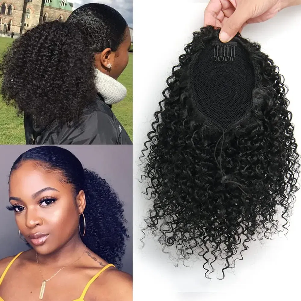Color: T1B/33, Stretched Length: 20inches - Synthetic Short Afro Kinky Curly Ponytail Hair Piece for African American Ponytail Extension Afro Kinky Curly Ponytail for Women