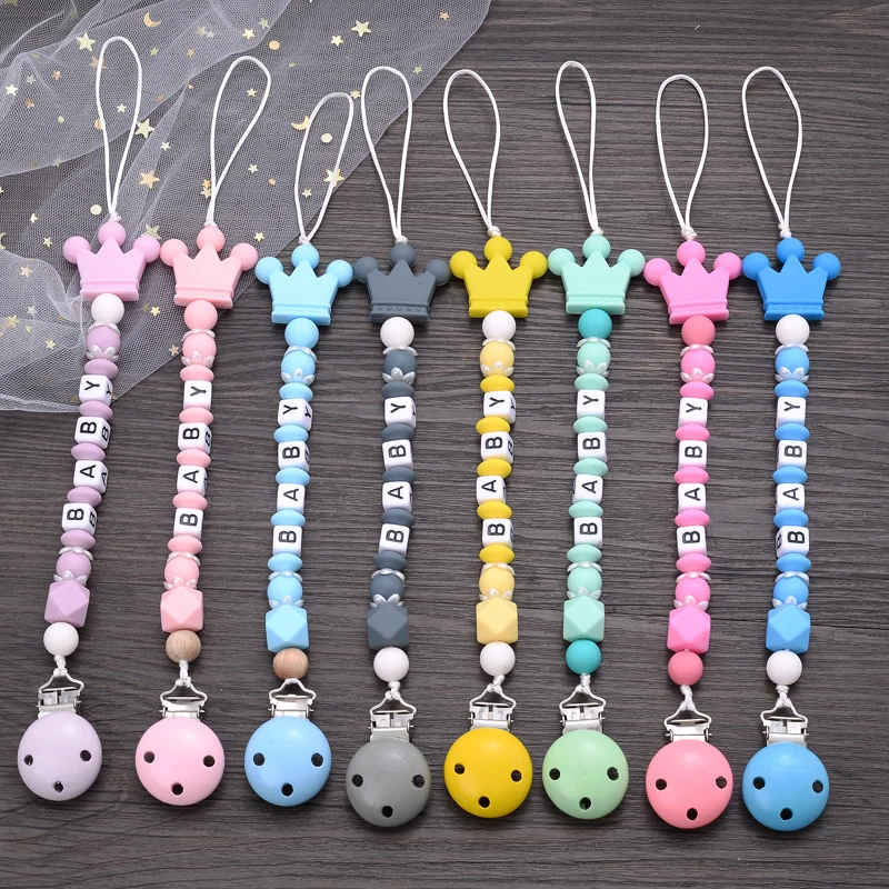 Color: Light Grey - New Baby Crown Pacifier Clips Silicone Pacifier Chains Handmade Toddler Teething Chain Nipple Clip Chew Toys Not Customized