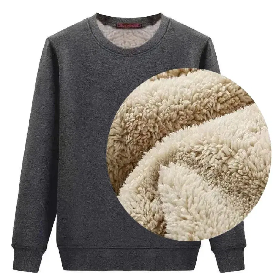 Color: black, Size: 4XL - Winter Men Fleece Sweatshirts Keep Warm Underwear Casual Solid Color Pullover Lambswool O-neck Thickened Thermal Underwear Tops