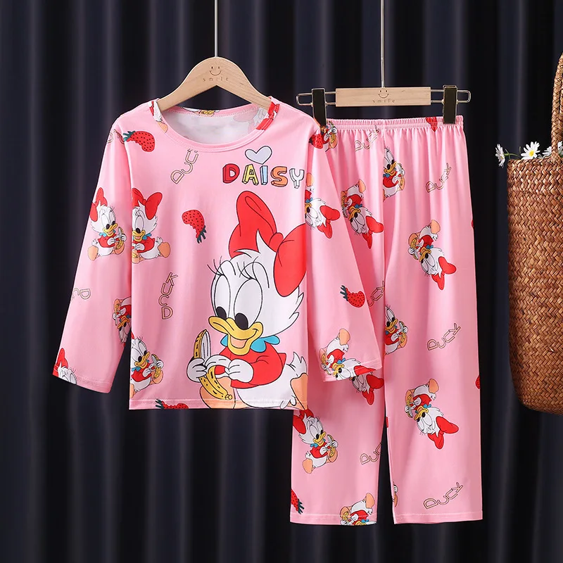 Color: Beige, Kid Size: 18m - 2pcs/set New Children Pyjamas Minnie Elsa Duck Cartoon Girls Sets Kid Home Wear boys and girls Travel Casual Sleepwear Suit