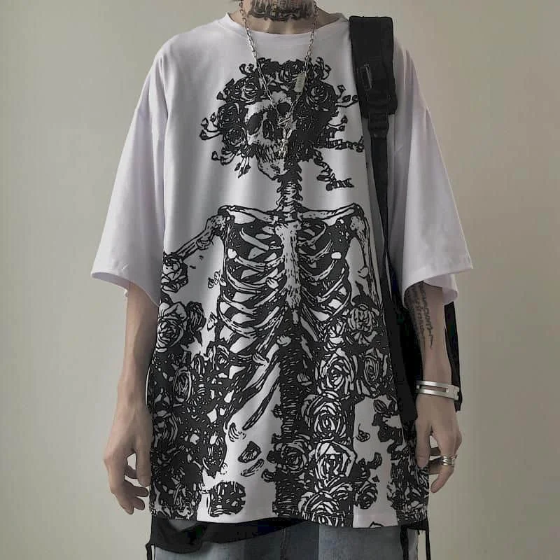 Color: WHITE, Size: L - Men T-shirts 2023 Summer Streetwear High Street Gothic Skull Tshirt Loose Oversized Short-sleeved T shirt Dark Anime Men Y2k Top