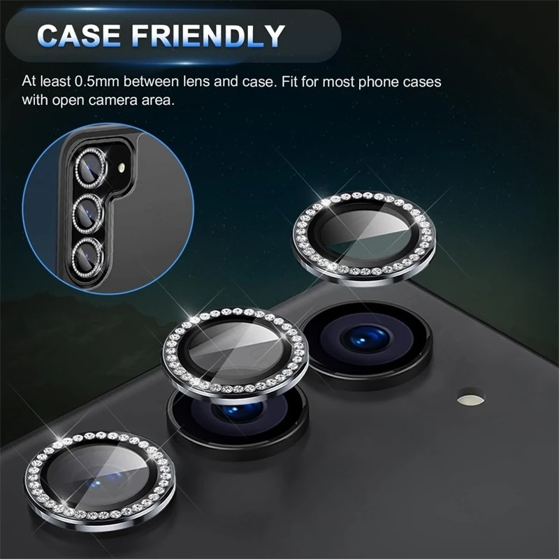 Material: CANVAS, Color: Pink - Bling 3D Diamond Metal Camera Ring Protector for Samsung Galaxy A55 A35 A25 A15 A05 5G Alloy Lens HD Tempered Glass Protect Cap