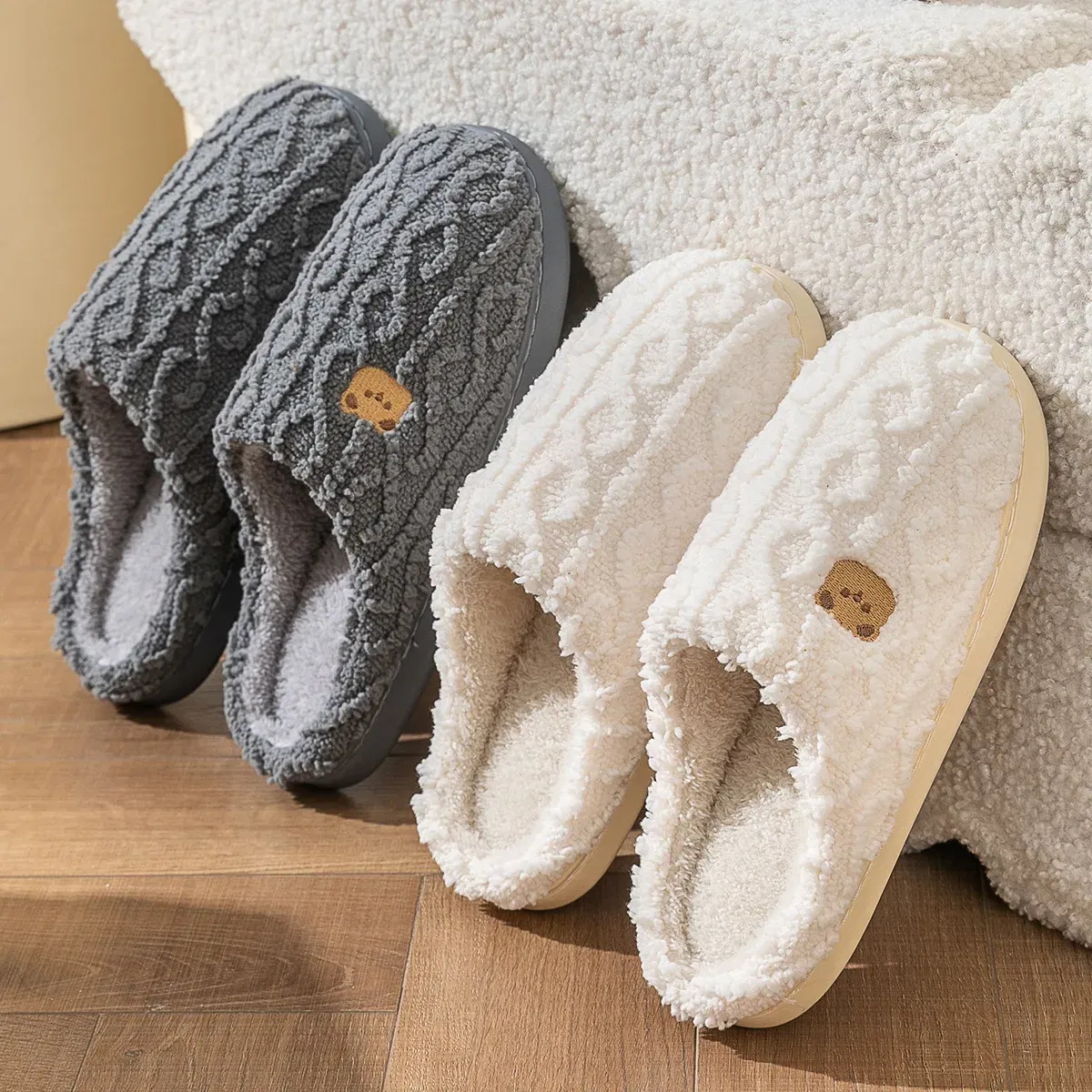 Color: Olivine, Shoe Size: 44-45, Ships From: CHINA - Asgard Women Winter Fur Slippers Indoor Fluffy Couple Bedroom Flat Slides Cute Bear Women Fuzzy House Slippers Warm Cotton Shoes