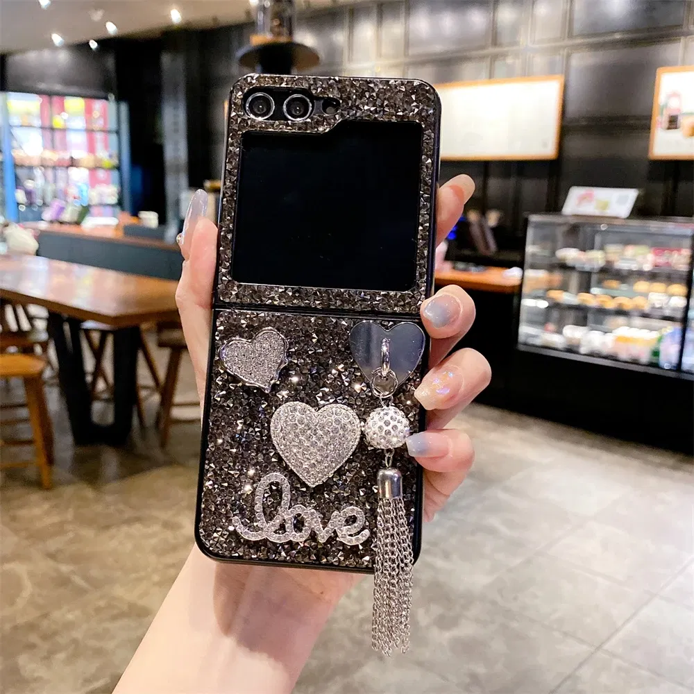 Color: Black, Material: Aluminum - Luxury Heart Diamond Tassel Phone Case for Samsung Galaxy Z Flip5 Case Z Flip4 Cover Z Flip3 Capa Z Flip 5 4 3 Cover 5G