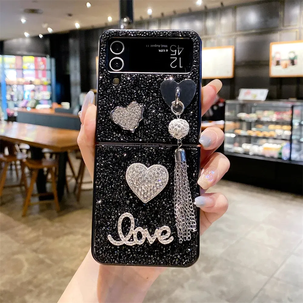 Color: Black, Material: Aluminum - Luxury Heart Diamond Tassel Phone Case for Samsung Galaxy Z Flip5 Case Z Flip4 Cover Z Flip3 Capa Z Flip 5 4 3 Cover 5G