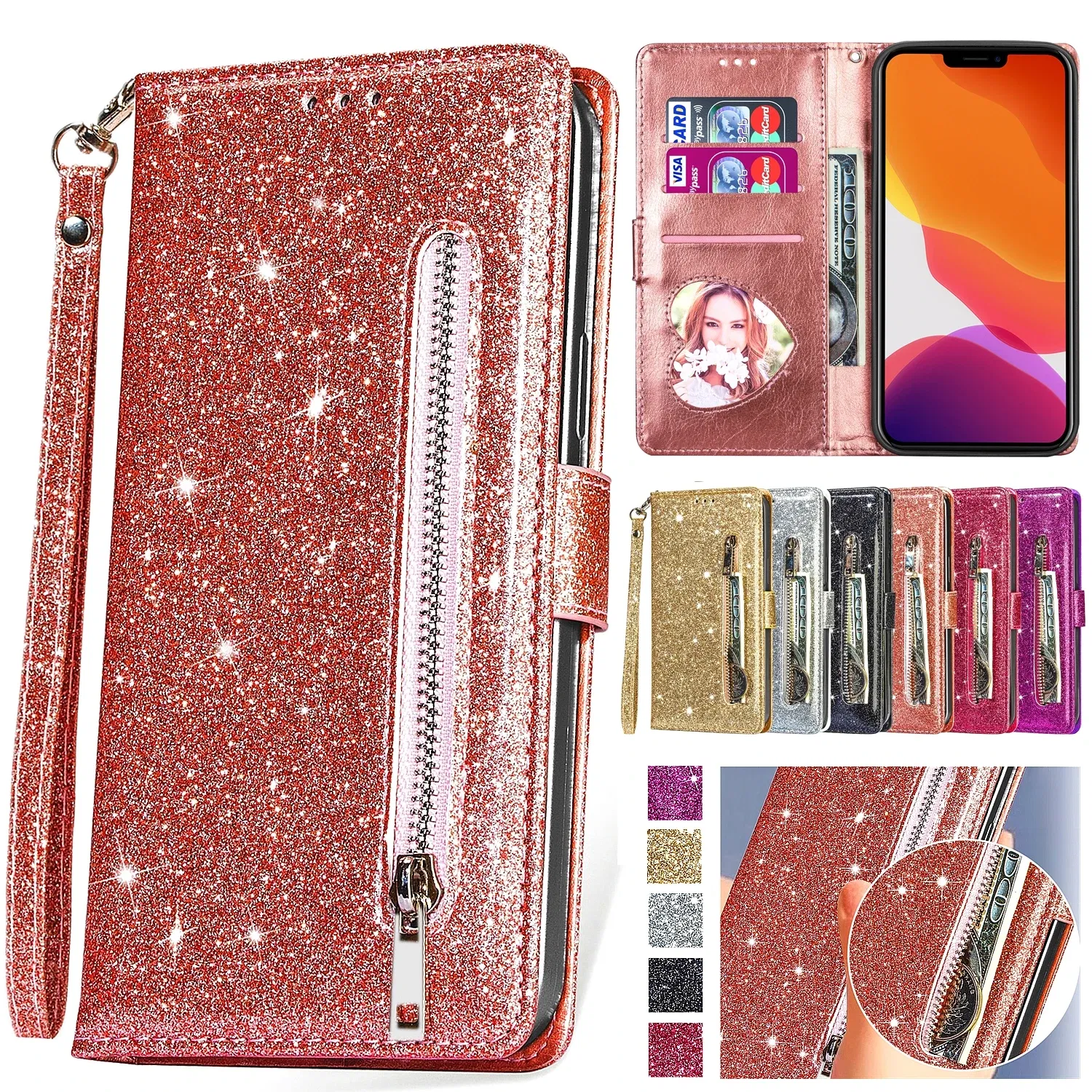Color: Gold, Material: Cotton Fabric - Zipper Flip Wallet Glitter Leather Case for iPhone 16 15 14 13 12 11 Pro Max XS XR 8 7 Plus SE 2022 Mini Bling Stand Phone Cover