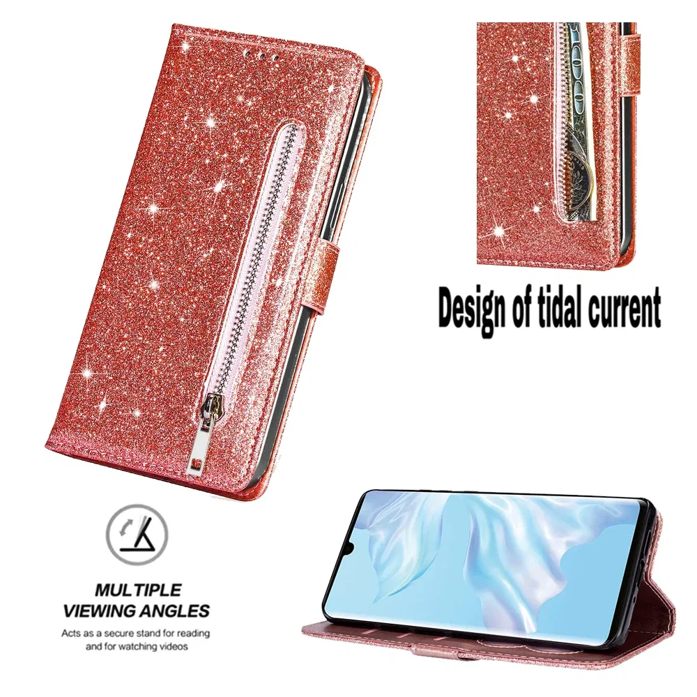 Color: Gold, Material: Cotton Fabric - Zipper Flip Wallet Glitter Leather Case for iPhone 16 15 14 13 12 11 Pro Max XS XR 8 7 Plus SE 2022 Mini Bling Stand Phone Cover