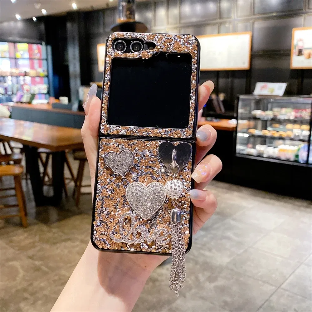 Color: Black, Material: ABS - Luxury Heart Diamond Tassel Phone Case for Samsung Galaxy Z Flip5 Case Z Flip4 Cover Z Flip3 Capa Z Flip 5 4 3 Cover 5G