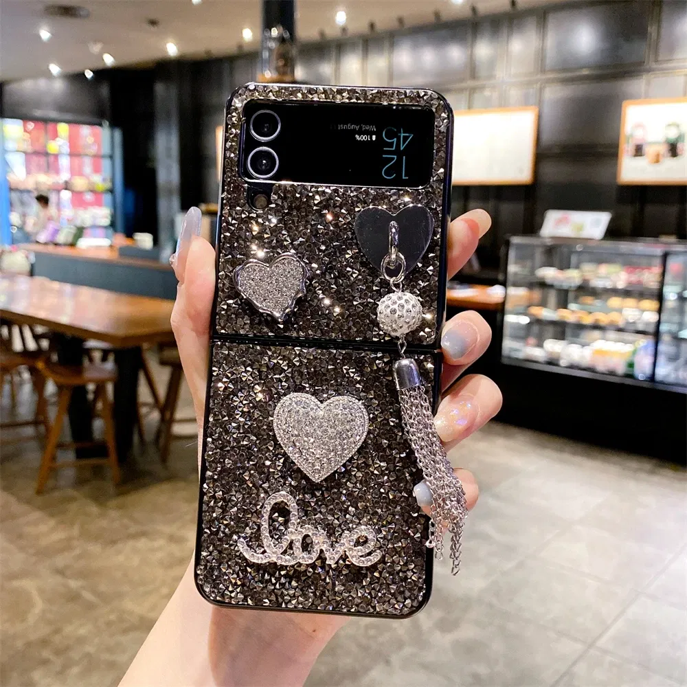 Color: Black, Material: ABS - Luxury Heart Diamond Tassel Phone Case for Samsung Galaxy Z Flip5 Case Z Flip4 Cover Z Flip3 Capa Z Flip 5 4 3 Cover 5G