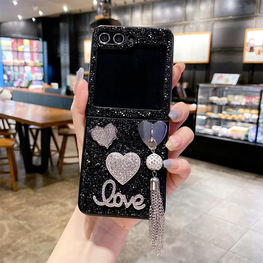 Color: Black, Material: ABS - Luxury Heart Diamond Tassel Phone Case for Samsung Galaxy Z Flip5 Case Z Flip4 Cover Z Flip3 Capa Z Flip 5 4 3 Cover 5G