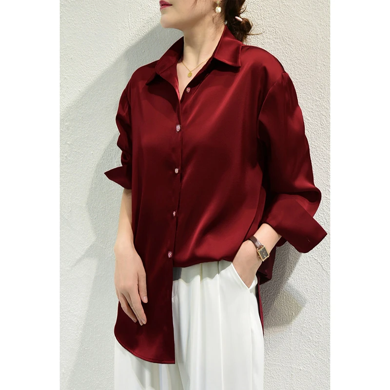 Color: WHITE, Size: XXXL - All-match Satin Finish Shirts And Blouses Women Clothing Casual Top OL Long Sleeve Button Elegant Shirts French Solid Blouses