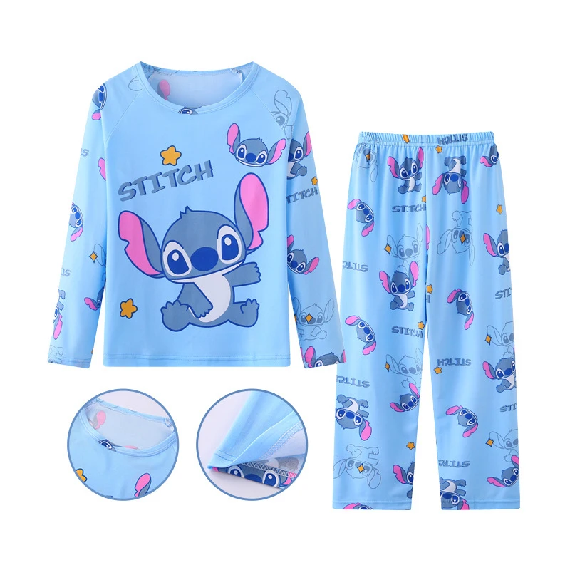 Color: Beige, Kid Size: 8T - New Pajama Boys Girls Pajamas Stitch Clothing Sets Kids Long Sleeve +Pant 2Piece Children Home Clothing Girl Nightgown