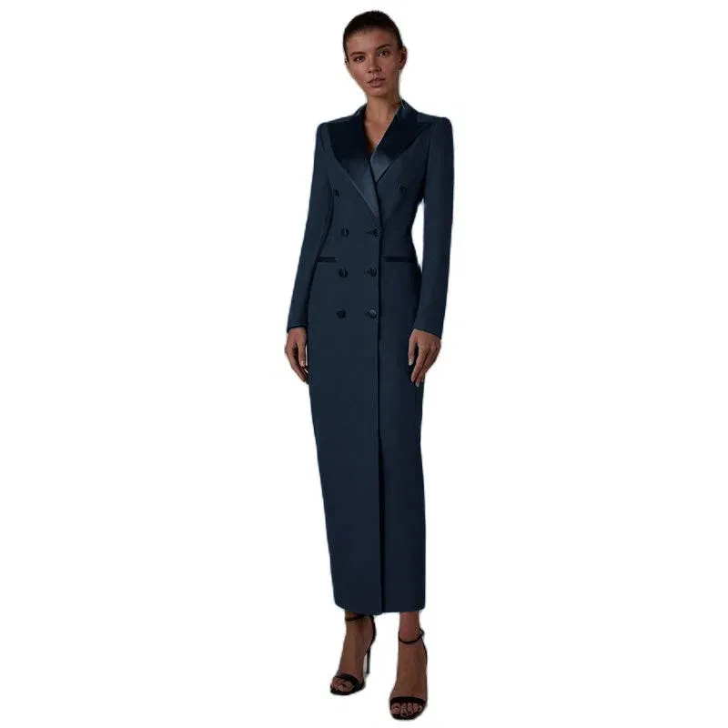 Color: Navy Blue, Size: XXL - Women's Suit Long Jacket One Piece Blazer Double Breasted Formal Tuxedo Party Dress кос?‚юм ?¶?µнский