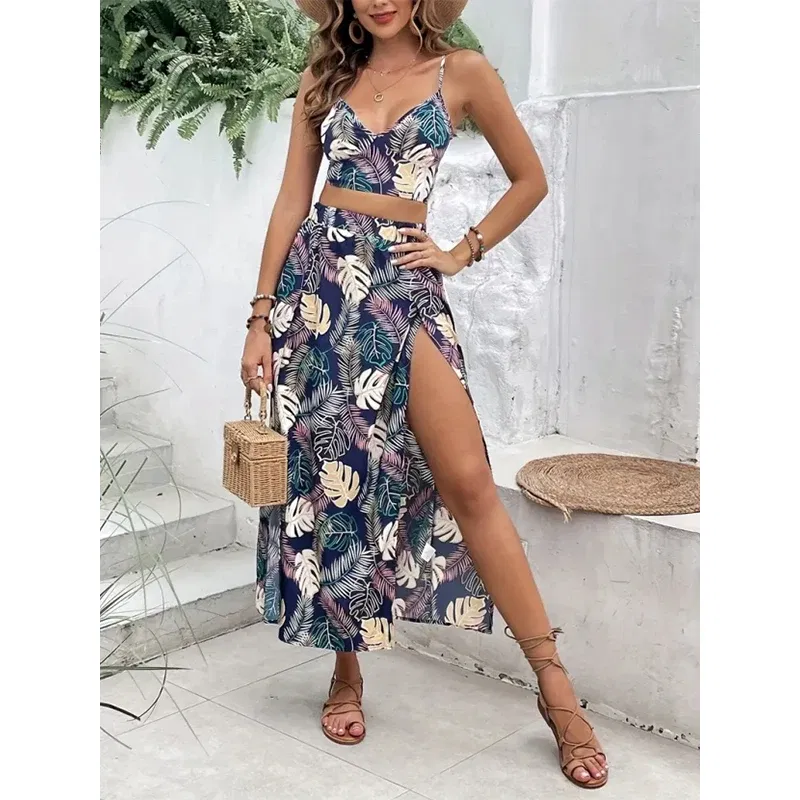 Color: MULTI, Size: L - Elegant Deep V-neck Dress Women Summer Sleeveless Printed Vest Skirt Set Sexy High Slit Trend Dresses