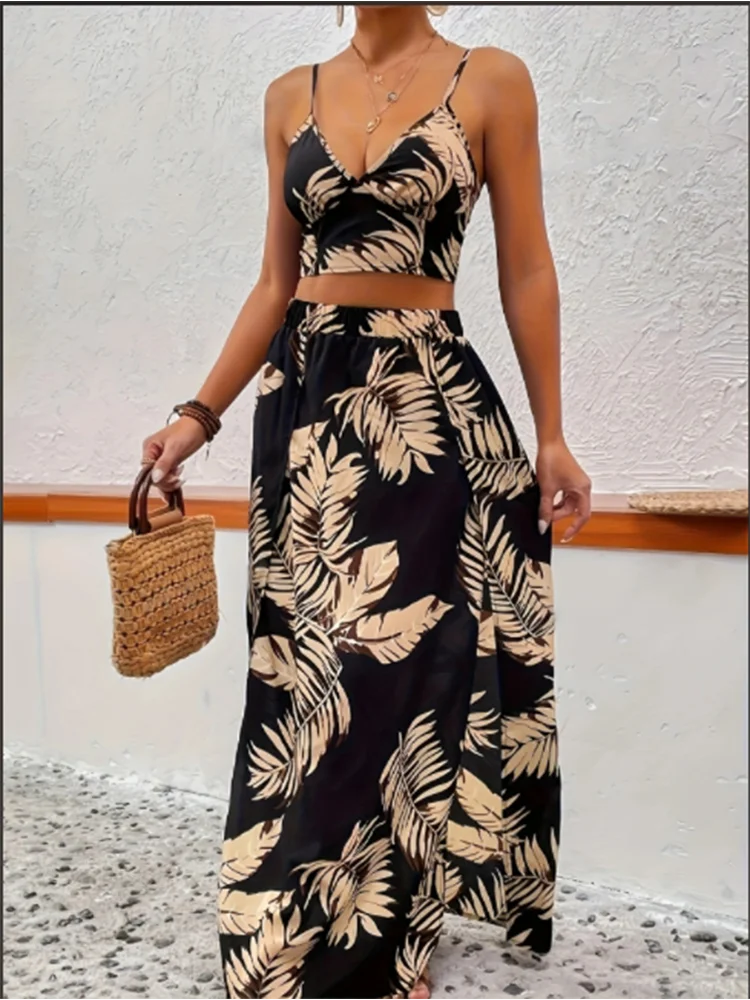 Color: MULTI, Size: L - Elegant Deep V-neck Dress Women Summer Sleeveless Printed Vest Skirt Set Sexy High Slit Trend Dresses