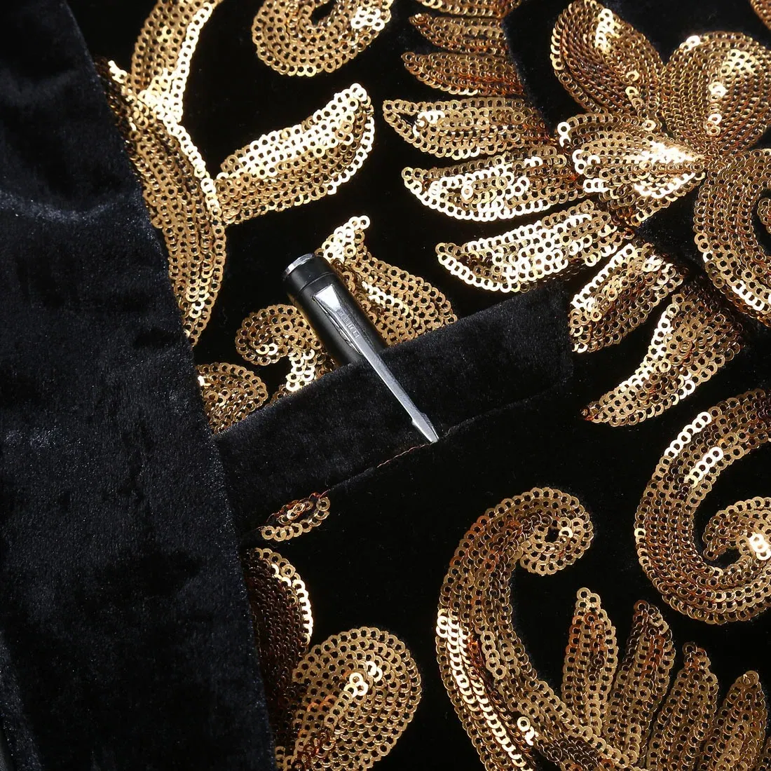 Color: Beige, Size: L - Euroma suit (Blazer + Trousers) Men's Gold Velvet Fashion Elegant Casual Wedding Banquet Party Sequin Costumes Two Piece Set