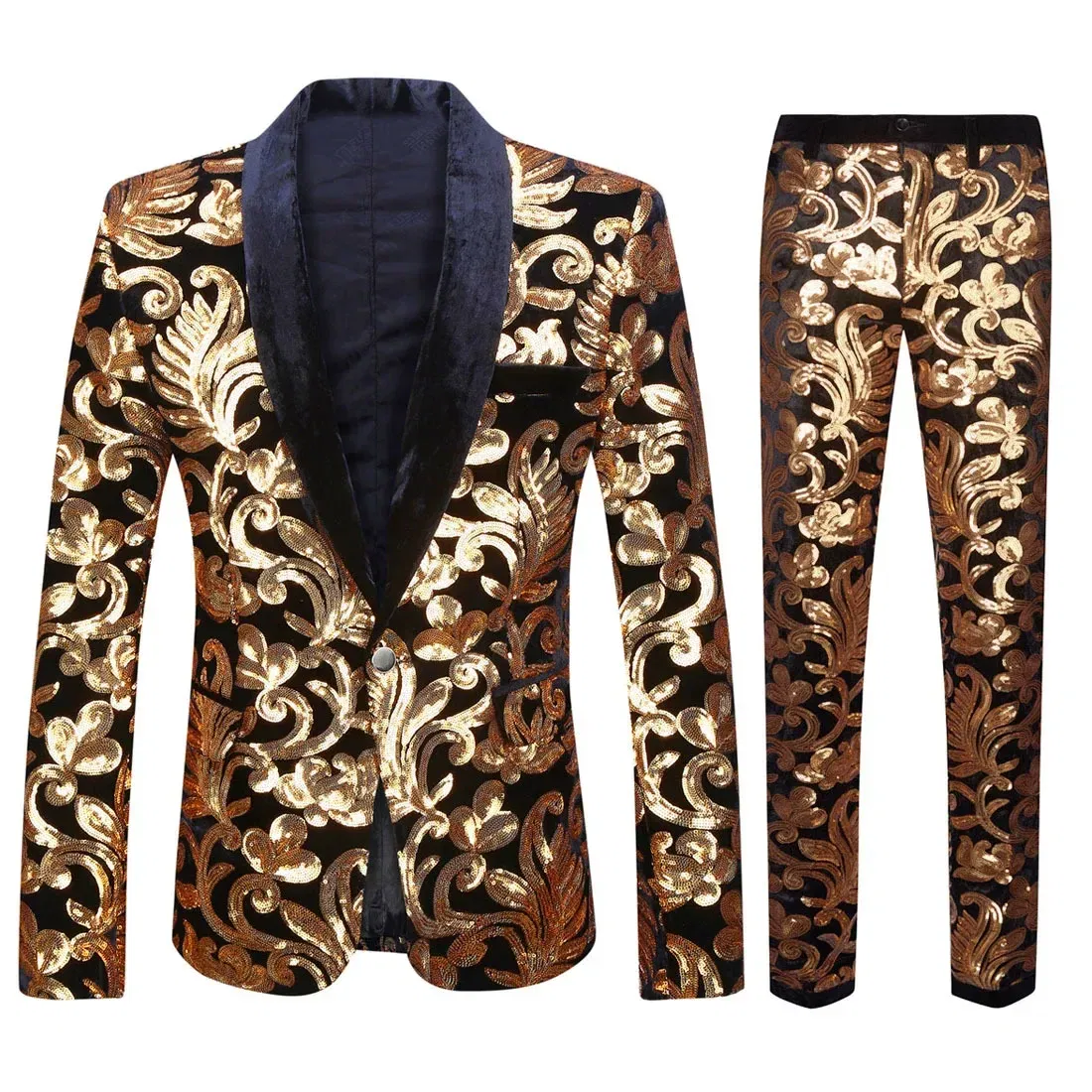 Color: Beige, Size: L - Euroma suit (Blazer + Trousers) Men's Gold Velvet Fashion Elegant Casual Wedding Banquet Party Sequin Costumes Two Piece Set