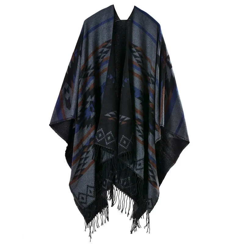 Color: MULTI, Size: One Size, Ships From: CHINA - European American Popular Tassel Thickened Cashmere Like National Style Travel Fork Shawl Scarf in autumn Ponchos Capes