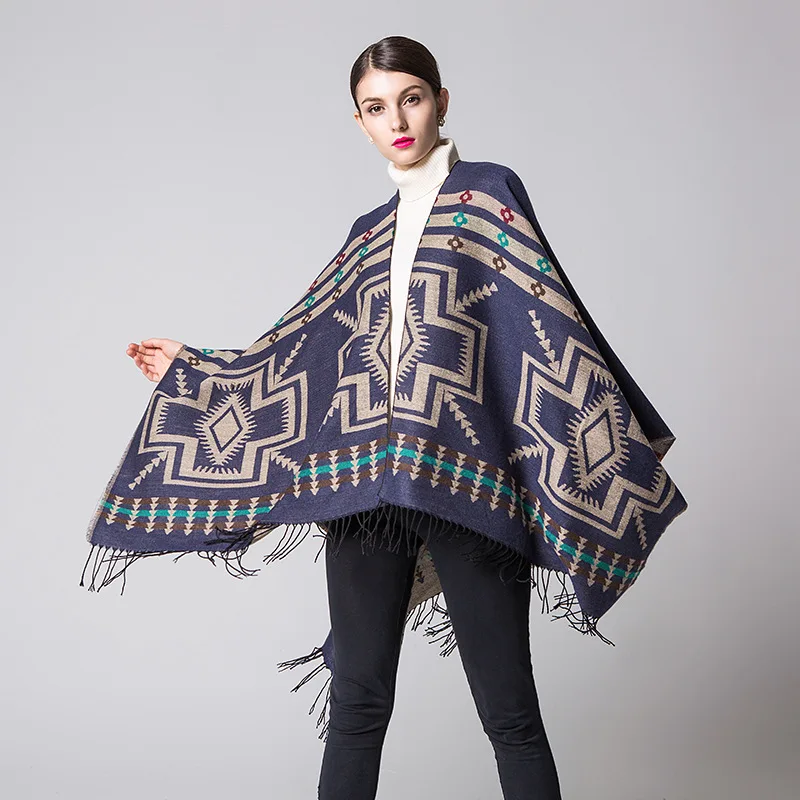 Color: MULTI, Size: One Size, Ships From: CHINA - European American Popular Tassel Thickened Cashmere Like National Style Travel Fork Shawl Scarf in autumn Ponchos Capes