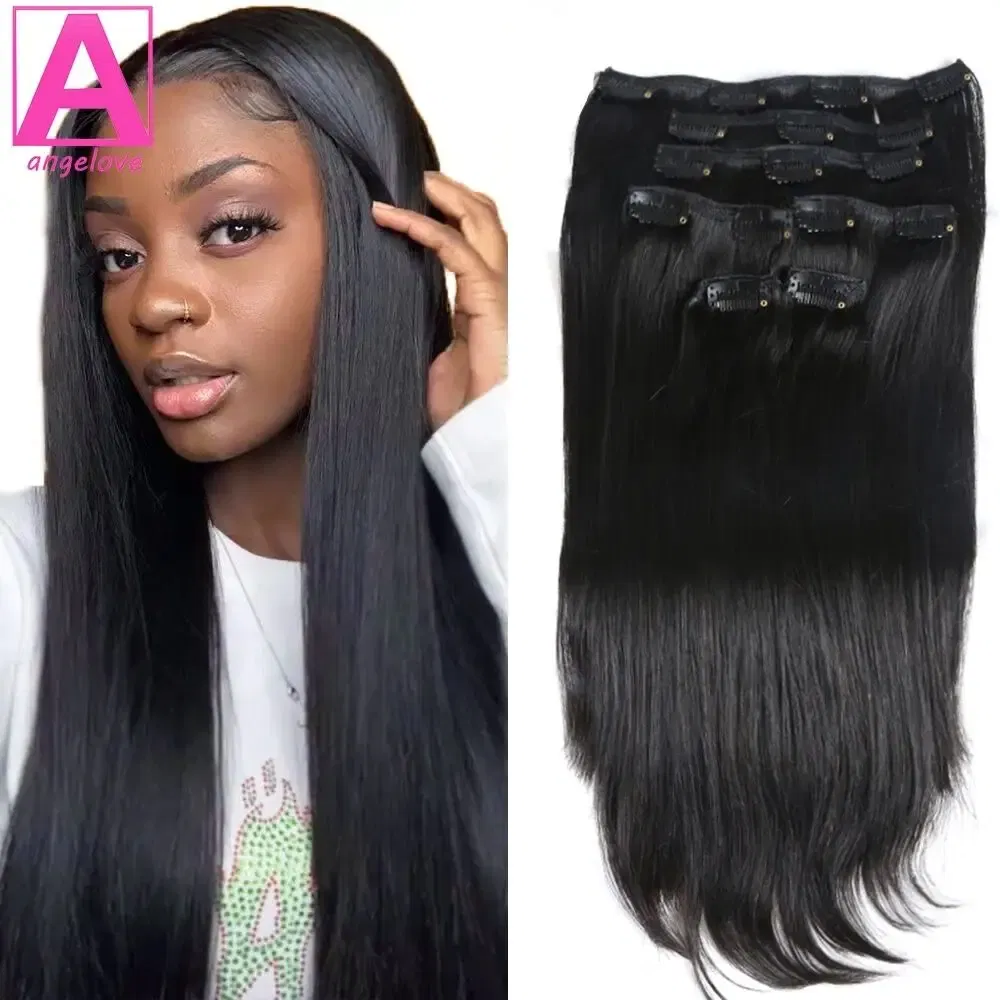 Color: Pink, Stretched Length: 14inches, Life Span: 6 Months With Proper Care, Weight Per Package: 100g/Set - Straight Clip In Hair Extension Human Hair 120g/Set Straight Clip In Extension Full Head Brazilian Clip Hair Extension for Women