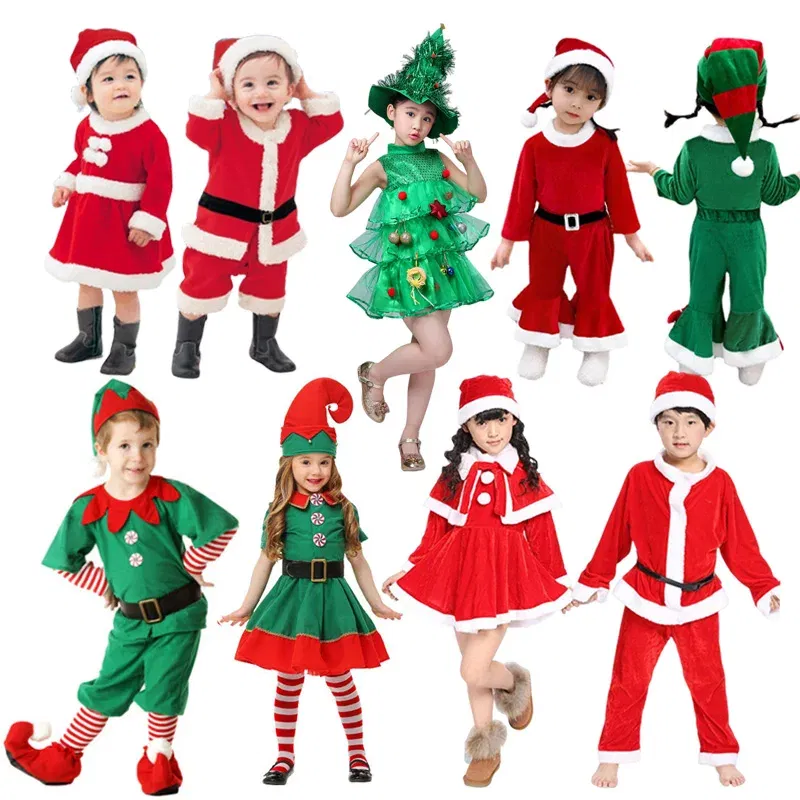 Color: PURPLE, Kid Size: 9 - New Year Kids Santa Claus Costume Green Elf Cosplay Christmas Carnival Party Fancy Dress for Girls Boys Red Xmas Clothes Set