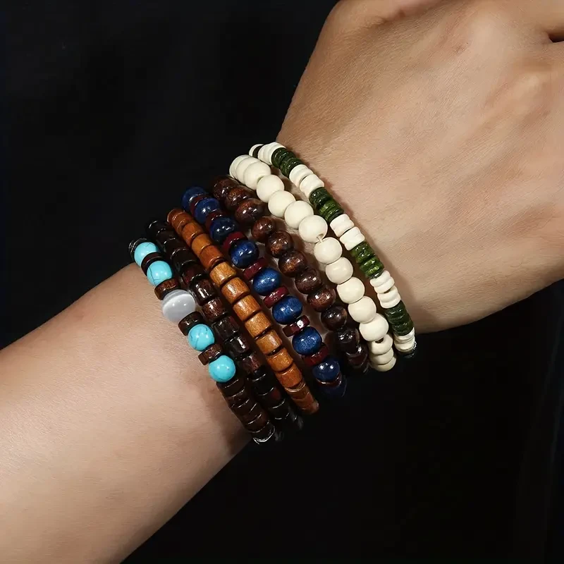 Set Vintage Style Bohemian Wooden Beaded Bracelets