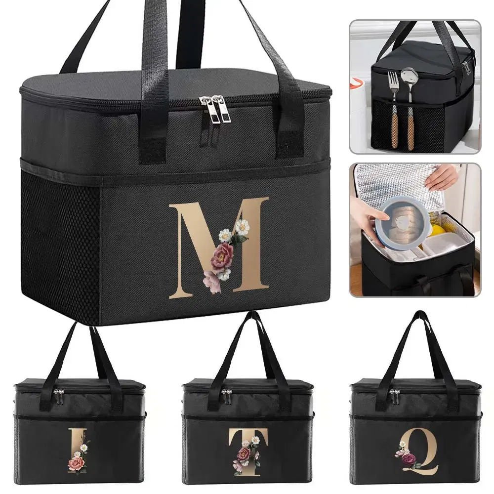 Color: MULTI - Thermal Bag Portable Lunch Bags Insulated Cooler Bag Food Bento Bags Printing Gold Letter Series Travel Picnic Storage Ice Bags