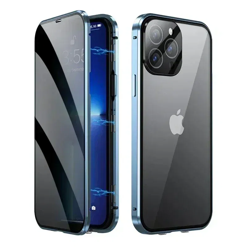 Color: Blue, Material: POLYESTER - Double-Sided Privacy Magnetic Case For iPhone 16 12 13 14 15 11 Pro Max 14 Plus 16 Plus Anti Peeping Full Cover Metal Frame Case