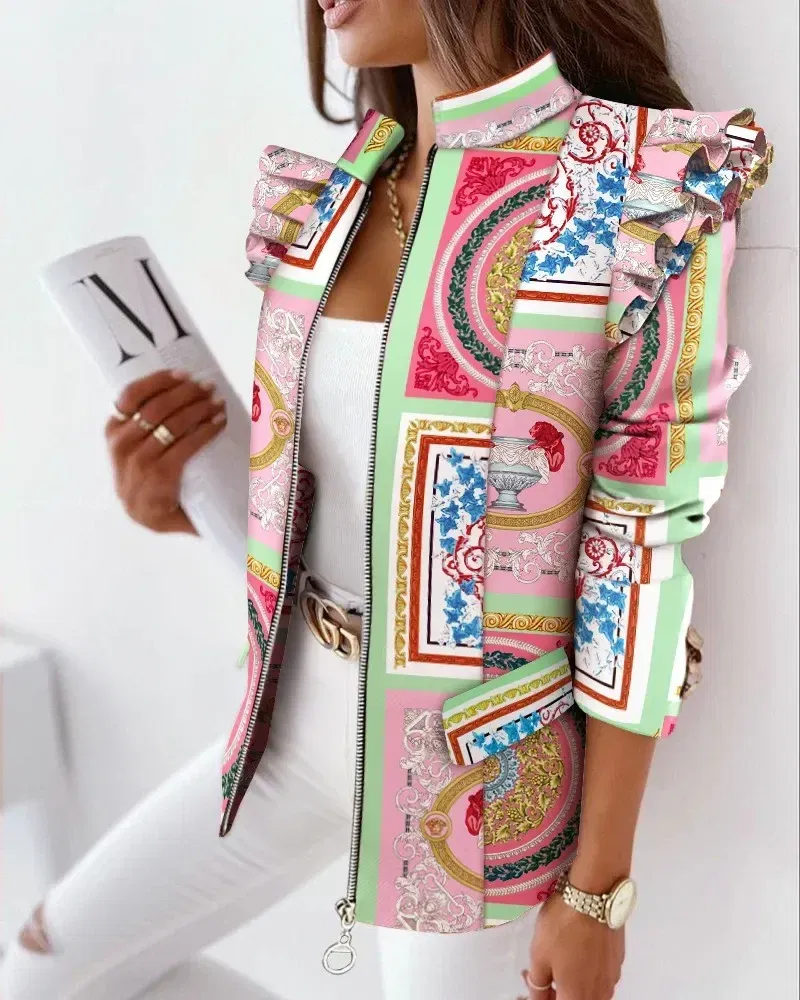 Color: Blue, Size: L - 2022 Autumn and Winter Ruffled Long-sleeved Zipper Print Small Suit Jacket Women Blazers for Women Cropped Blazer Ladies Tops