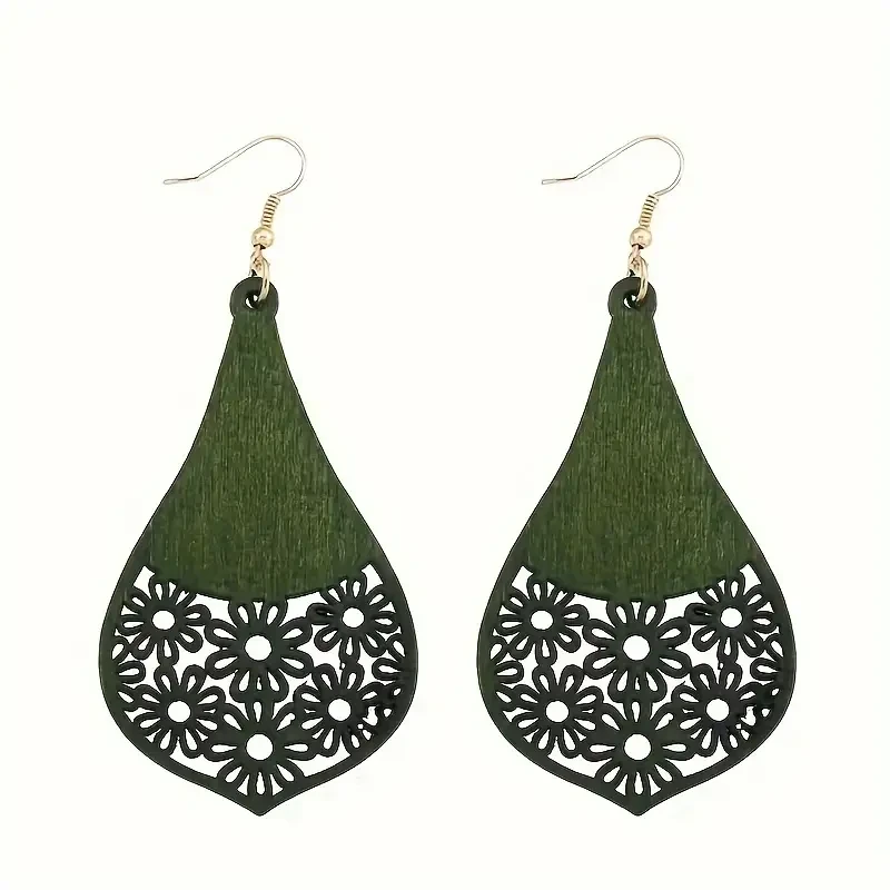 Set Wooden Carved Pattern Dangle Earrings